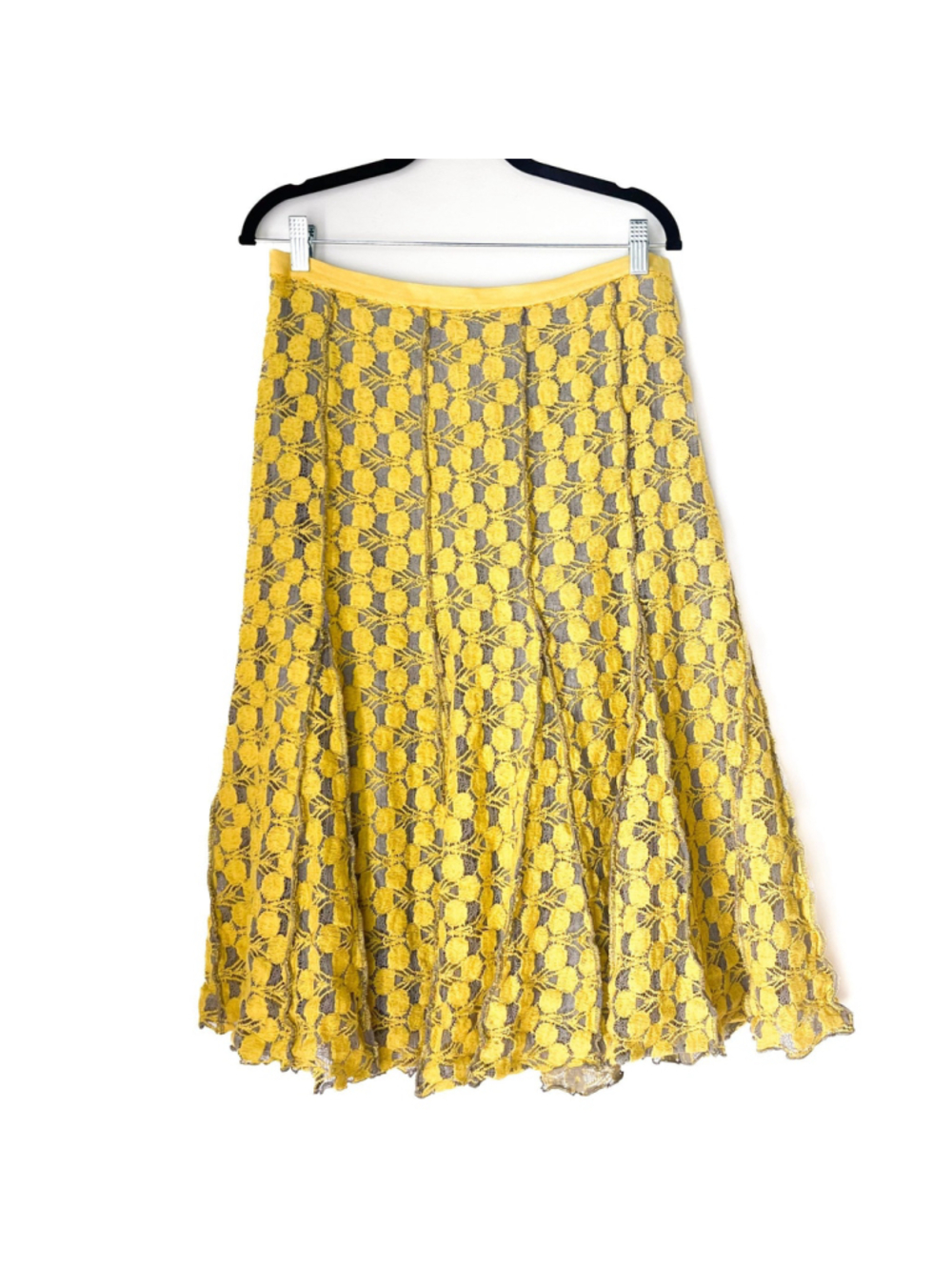 Boho Yellow Cotton Lace Crochet Overlay A-line Full Midi Skirt Sz L Cottagecore